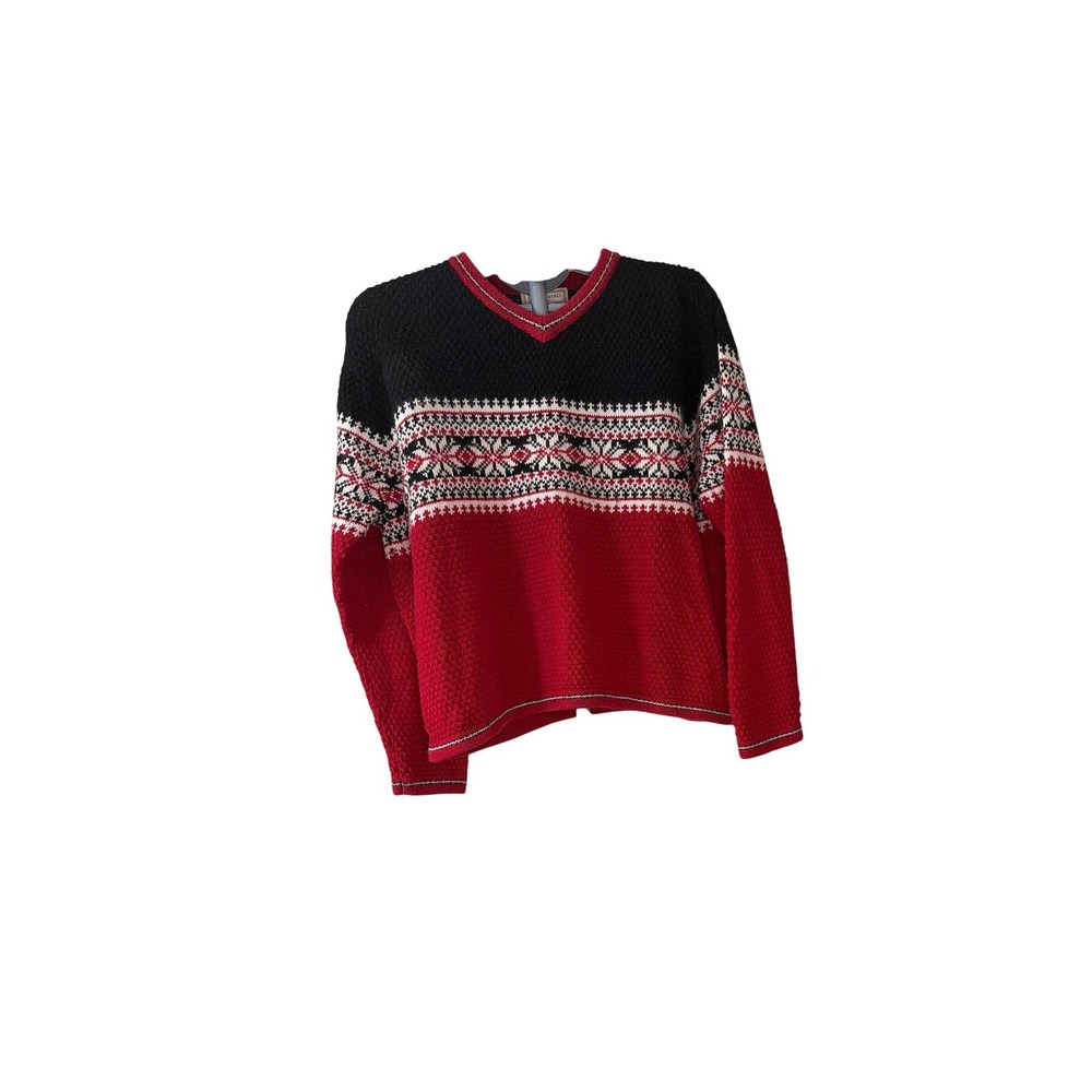 Studio Works Petite Red Black Fair Isle Snowflake Knit V-Neck Sweater Womens PL